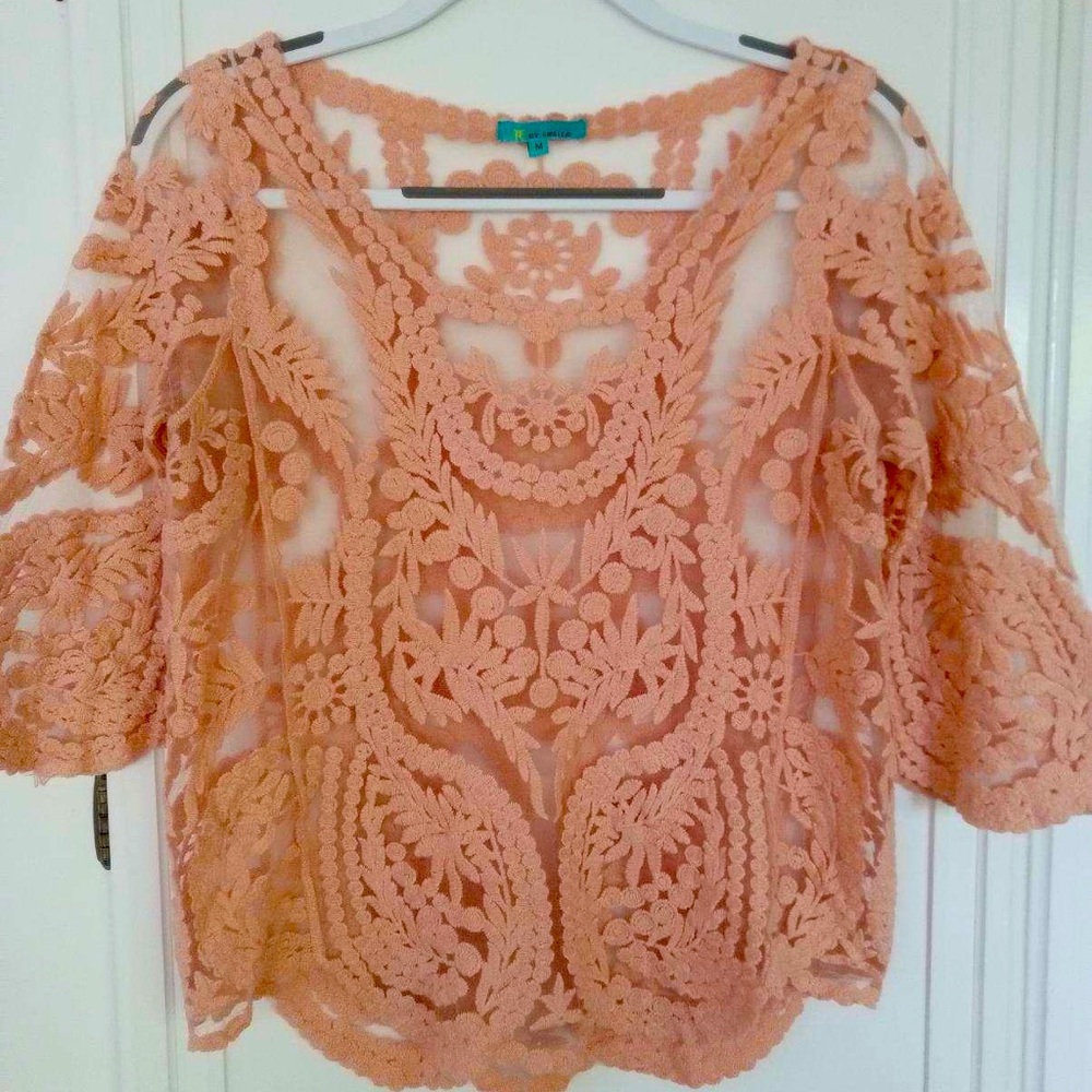 My Emblem Embroidered Lace Sheer Top- Pink/Cream 

Women's Size M